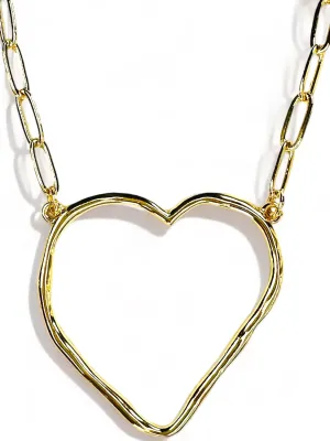 Large Heart Necklace 18k - Open Hollow Irregular Hammered Heart Dainty Statement Necklace (Heart)