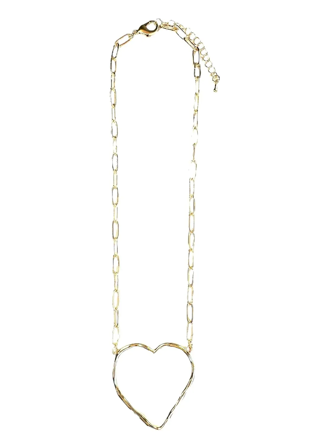 Large Heart Necklace 18k - Open Hollow Irregular Hammered Heart Dainty Statement Necklace (Heart)