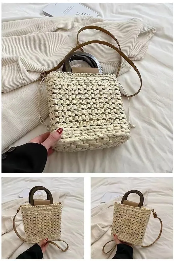 Large Women Straw Drawstring Bucket Purse Small Tote Shoulder Handbag Hollow Out Cross-body Bag for Summer,Beach Bags
