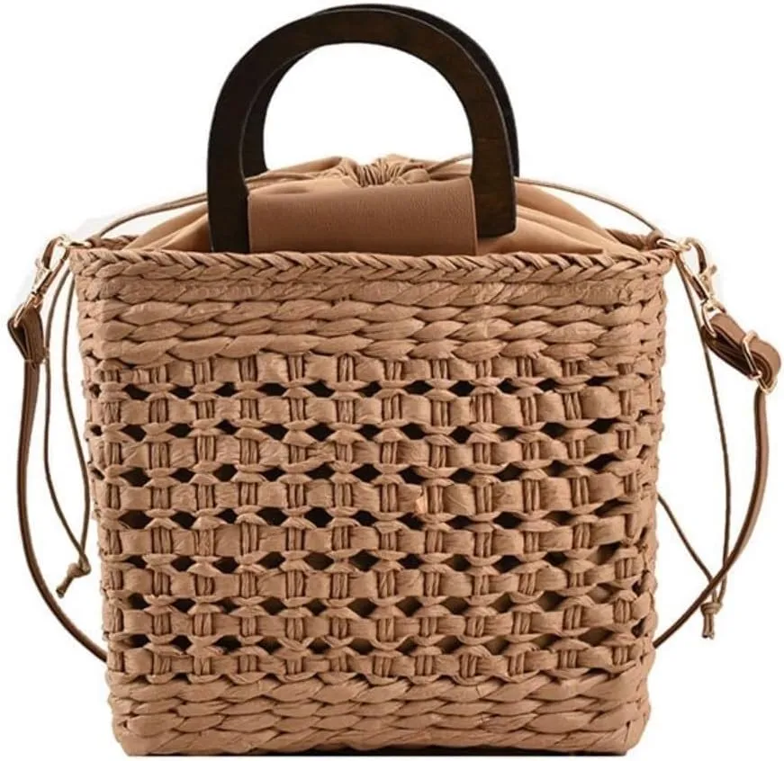 Large Women Straw Drawstring Bucket Purse Small Tote Shoulder Handbag Hollow Out Cross-body Bag for Summer,Beach Bags