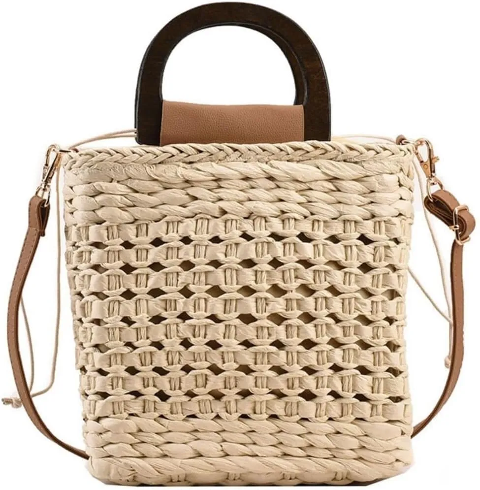 Large Women Straw Drawstring Bucket Purse Small Tote Shoulder Handbag Hollow Out Cross-body Bag for Summer,Beach Bags