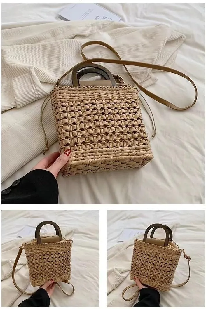 Large Women Straw Drawstring Bucket Purse Small Tote Shoulder Handbag Hollow Out Cross-body Bag for Summer,Beach Bags