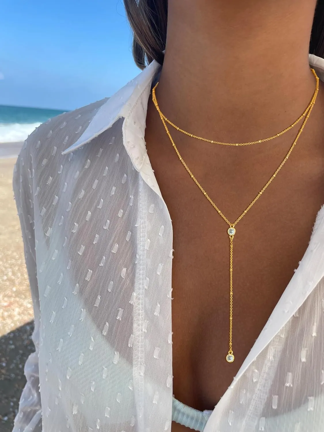 Lariat Gold Necklaces for Women Trendy, Dainty Gold Long Necklace 14k Gold Plated Y-Shaped Layered Necklaces Cz Beaded Bar Pendant Choker Necklace Drop Gold Chain Necklace Gold Jewelry Gift for Women