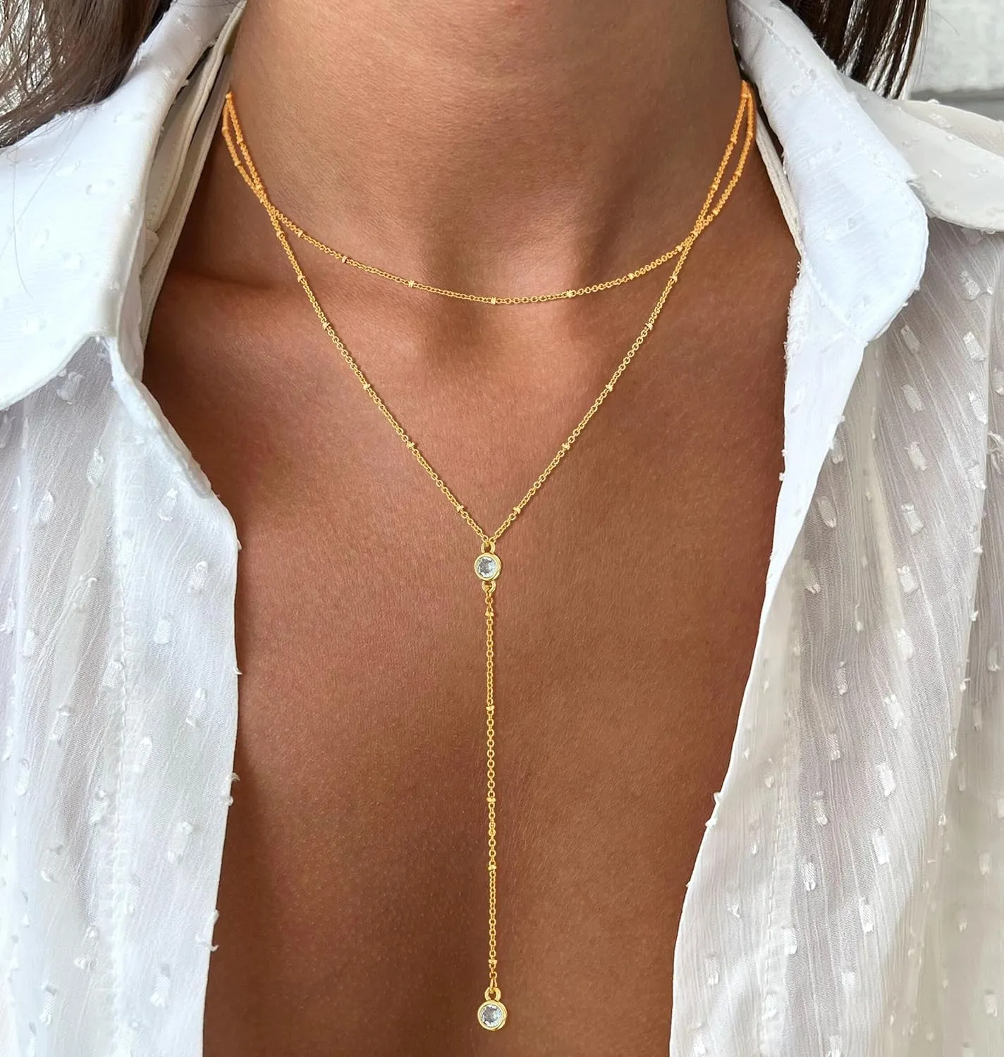 Lariat Gold Necklaces for Women Trendy, Dainty Gold Long Necklace 14k Gold Plated Y-Shaped Layered Necklaces Cz Beaded Bar Pendant Choker Necklace Drop Gold Chain Necklace Gold Jewelry Gift for Women