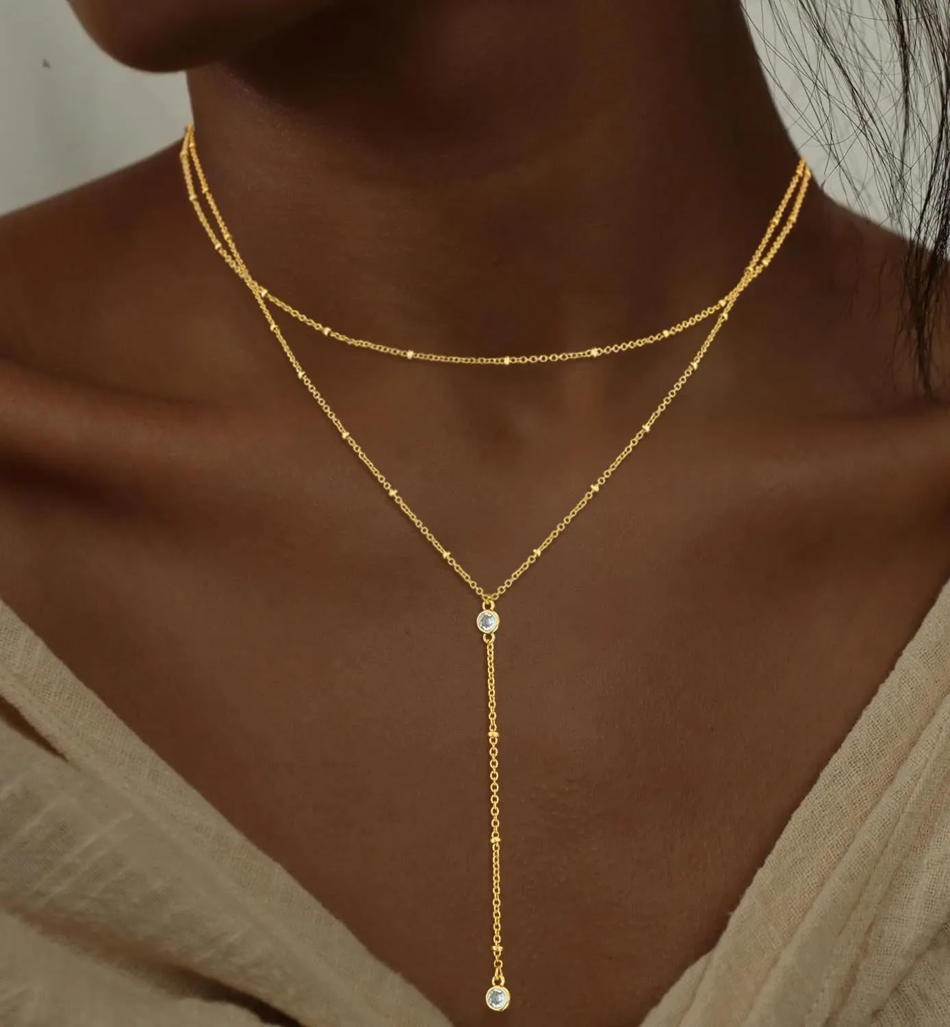Lariat Gold Necklaces for Women Trendy, Dainty Gold Long Necklace 14k Gold Plated Y-Shaped Layered Necklaces Cz Beaded Bar Pendant Choker Necklace Drop Gold Chain Necklace Gold Jewelry Gift for Women