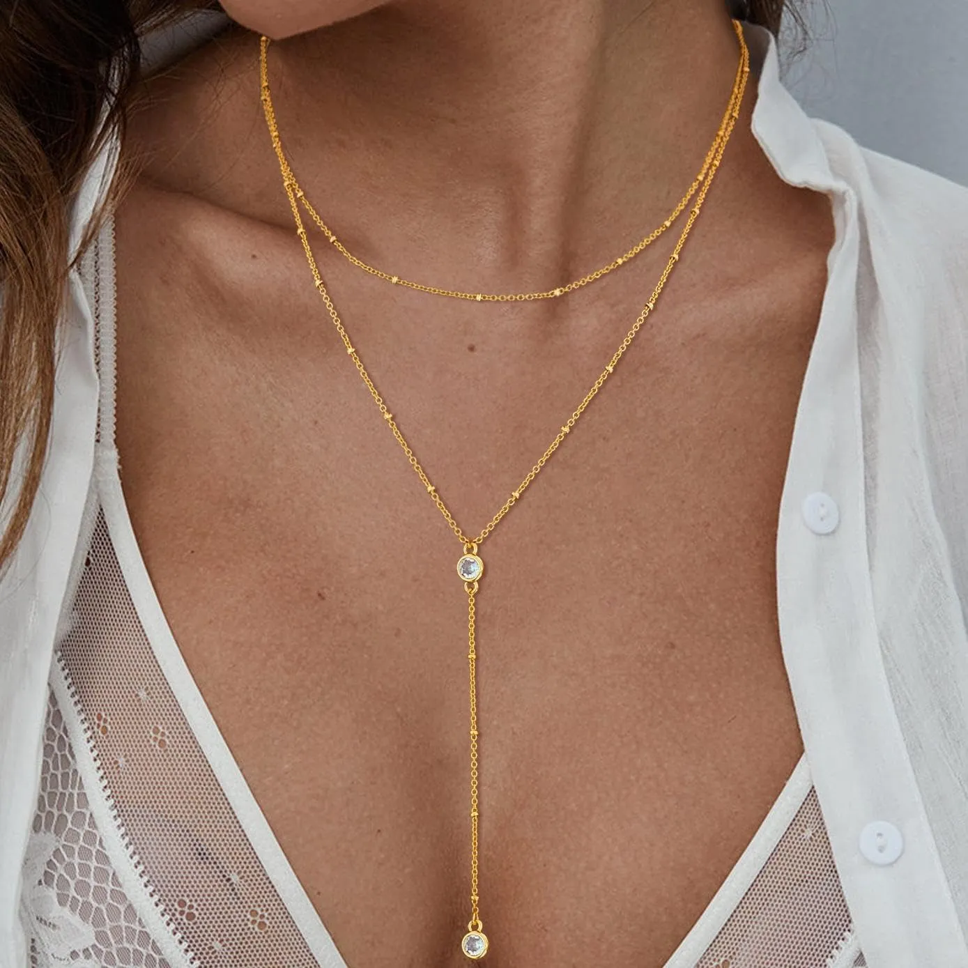 Lariat Gold Necklaces for Women Trendy, Dainty Gold Long Necklace 14k Gold Plated Y-Shaped Layered Necklaces Cz Beaded Bar Pendant Choker Necklace Drop Gold Chain Necklace Gold Jewelry Gift for Women