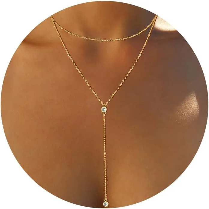 Lariat Gold Necklaces for Women Trendy, Dainty Gold Long Necklace 14k Gold Plated Y-Shaped Layered Necklaces Cz Beaded Bar Pendant Choker Necklace Drop Gold Chain Necklace Gold Jewelry Gift for Women