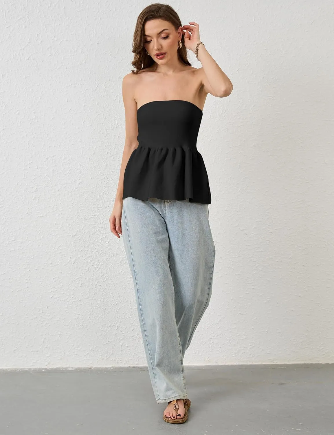 Lauweion Womens Strapless Peplum Top Flowy Slim Fit Casual Ruffle Hem Babydoll Bandeau Summer Knit Tube Tops