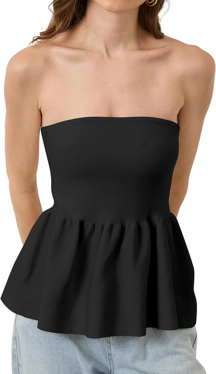 Lauweion Womens Strapless Peplum Top Flowy Slim Fit Casual Ruffle Hem Babydoll Bandeau Summer Knit Tube Tops