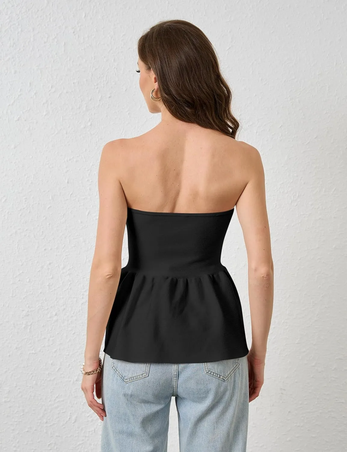 Lauweion Womens Strapless Peplum Top Flowy Slim Fit Casual Ruffle Hem Babydoll Bandeau Summer Knit Tube Tops