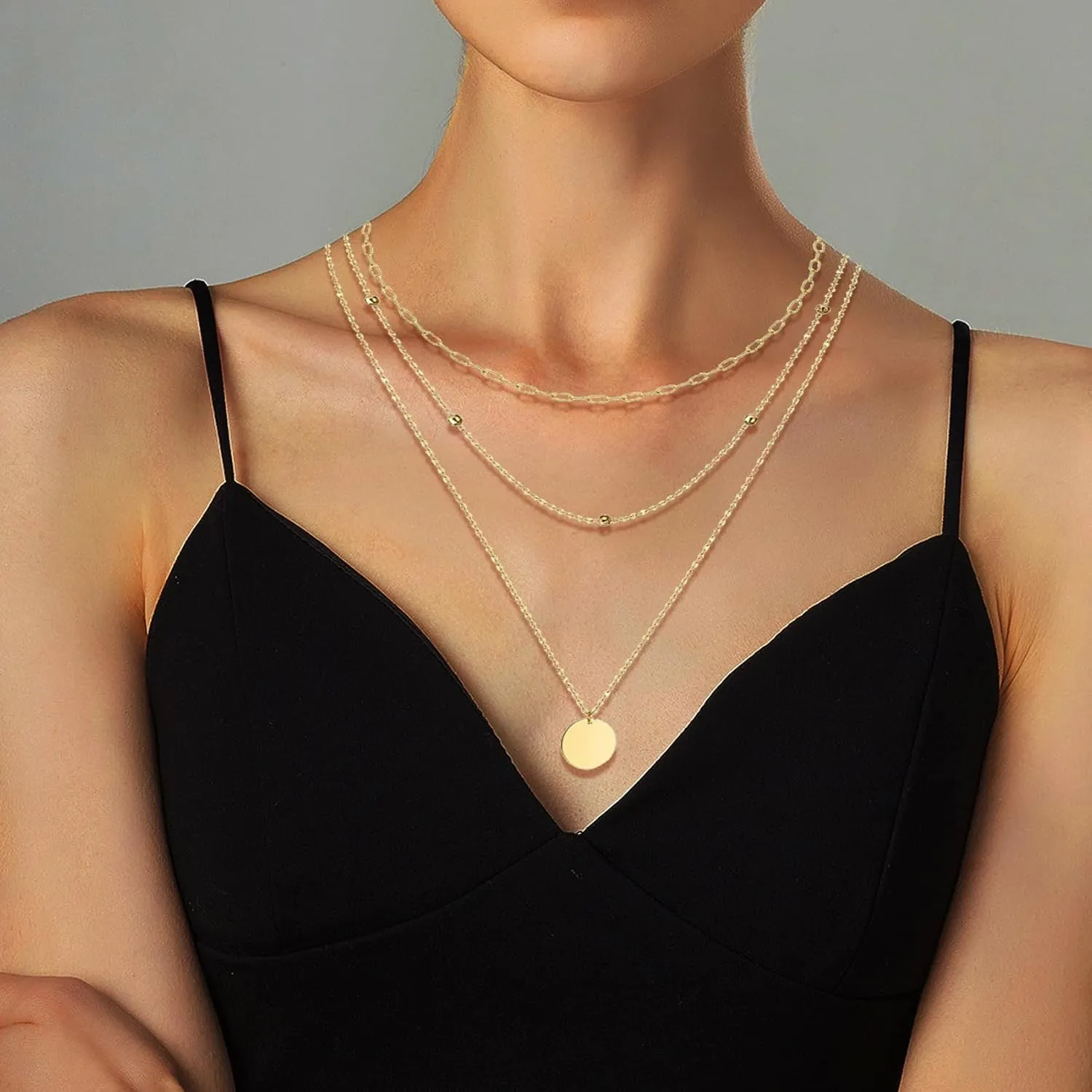 Layered Choker Necklaces for Women,14K Gold Initial Plated Coin Necklace Bar Stacking Layer Necklace Multi Bar Layering Choker Jewelry for Women