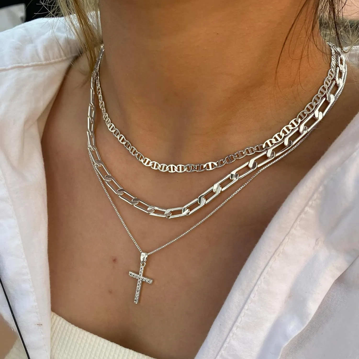 Layered Gold/Silver Necklaces for WomenStackable 14K Gold/Silver Plated Choker Chain Necklace Simple Layering Stack Pendant Necklaces for Women Trendy Gold Set Jewelry for Women