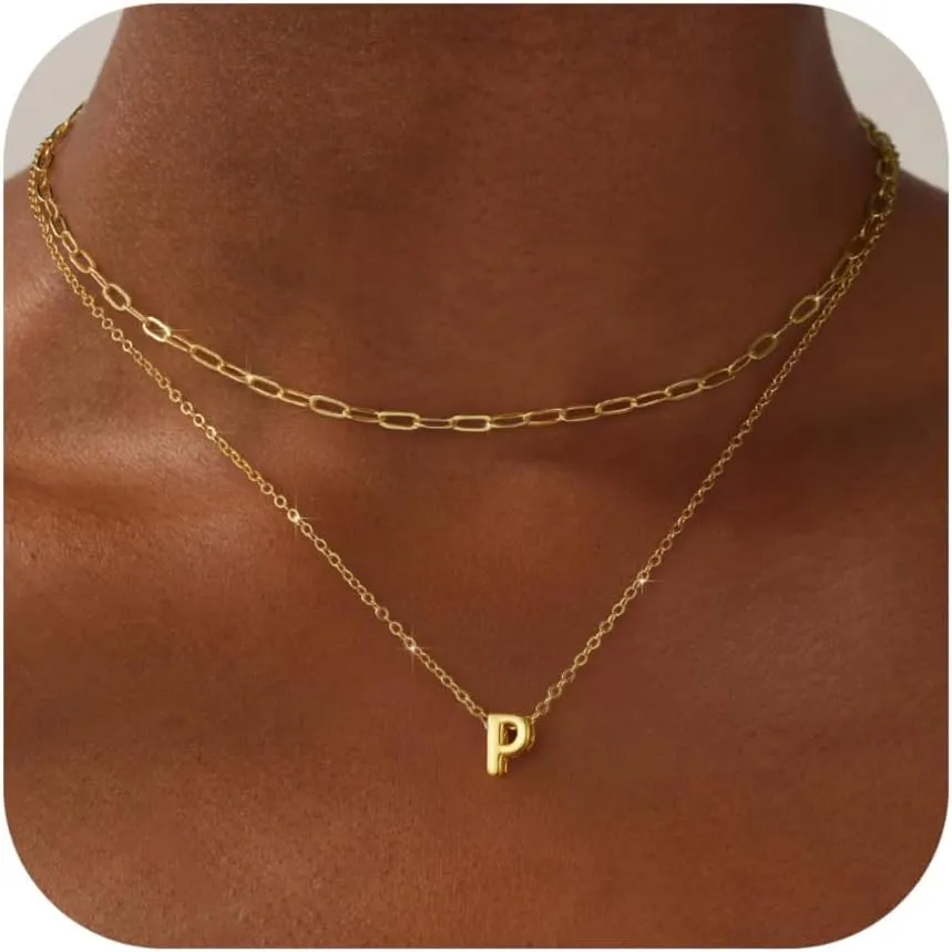 Layered Initial Necklaces for Women 14K Gold Plated Bubble A-Z Pendent Dainty Cute Choker Name Necklaces Stackable Small Initial Jewelry Gifts for Women Trendy