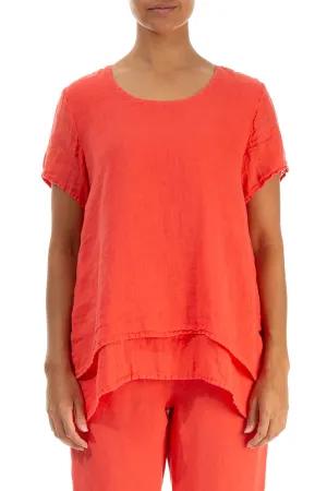 Layered Living Coral Gauze Linen Blouse