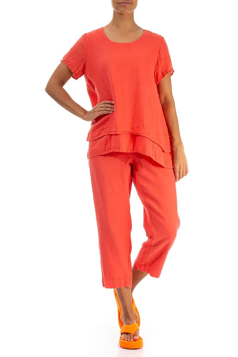 Layered Living Coral Gauze Linen Blouse