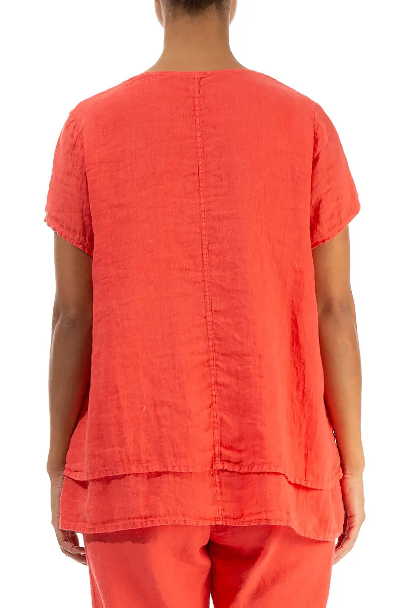 Layered Living Coral Gauze Linen Blouse