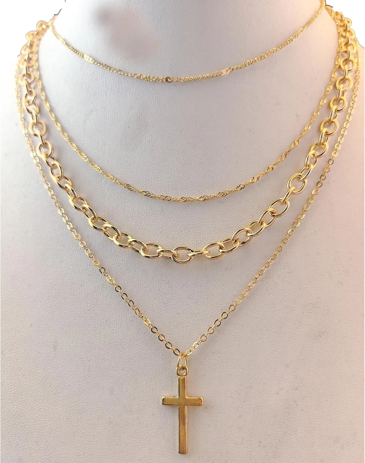Layering Necklace Set, Cross Pendant Chain Stack-able Stack Choker Necklaces kit Fake Gold/Silver Trendy Layered Cuban Link Twisted Chains Jewelry for Women