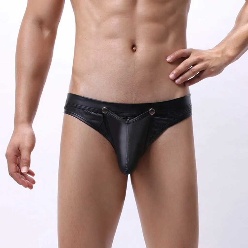 Leather Athletic Supporters Jockstrap Sexy Mens Underwear Breathable Low Rise Exotic G-String Briefs with Removeable Pouch