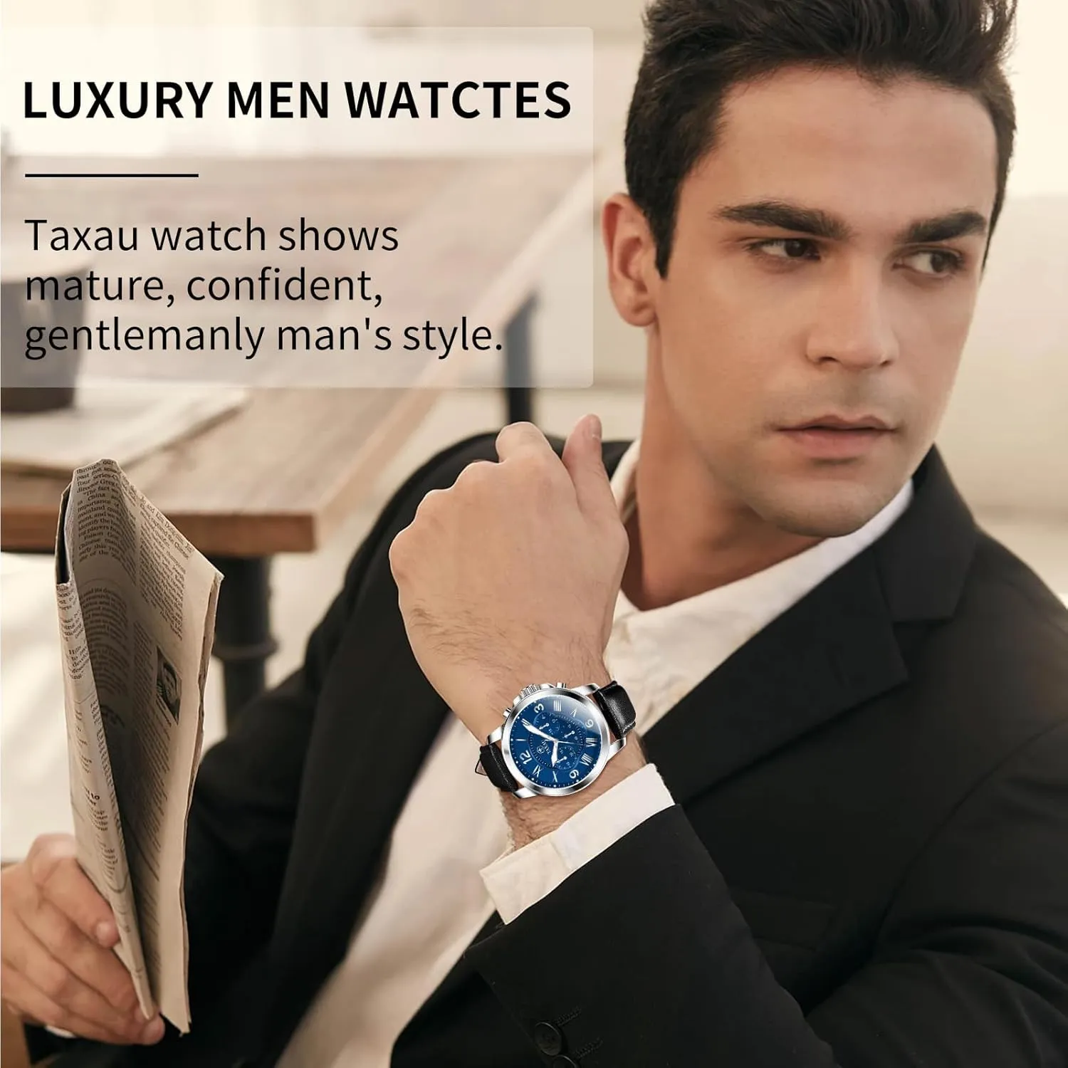Leather Watches for Men Waterproof Mens Dress Watch with Date Stainless Steel Analog Quartz Luxury Big Face Chronograph Large Number Wrist Watches Classic Luminous Two-Character Numerical Dial