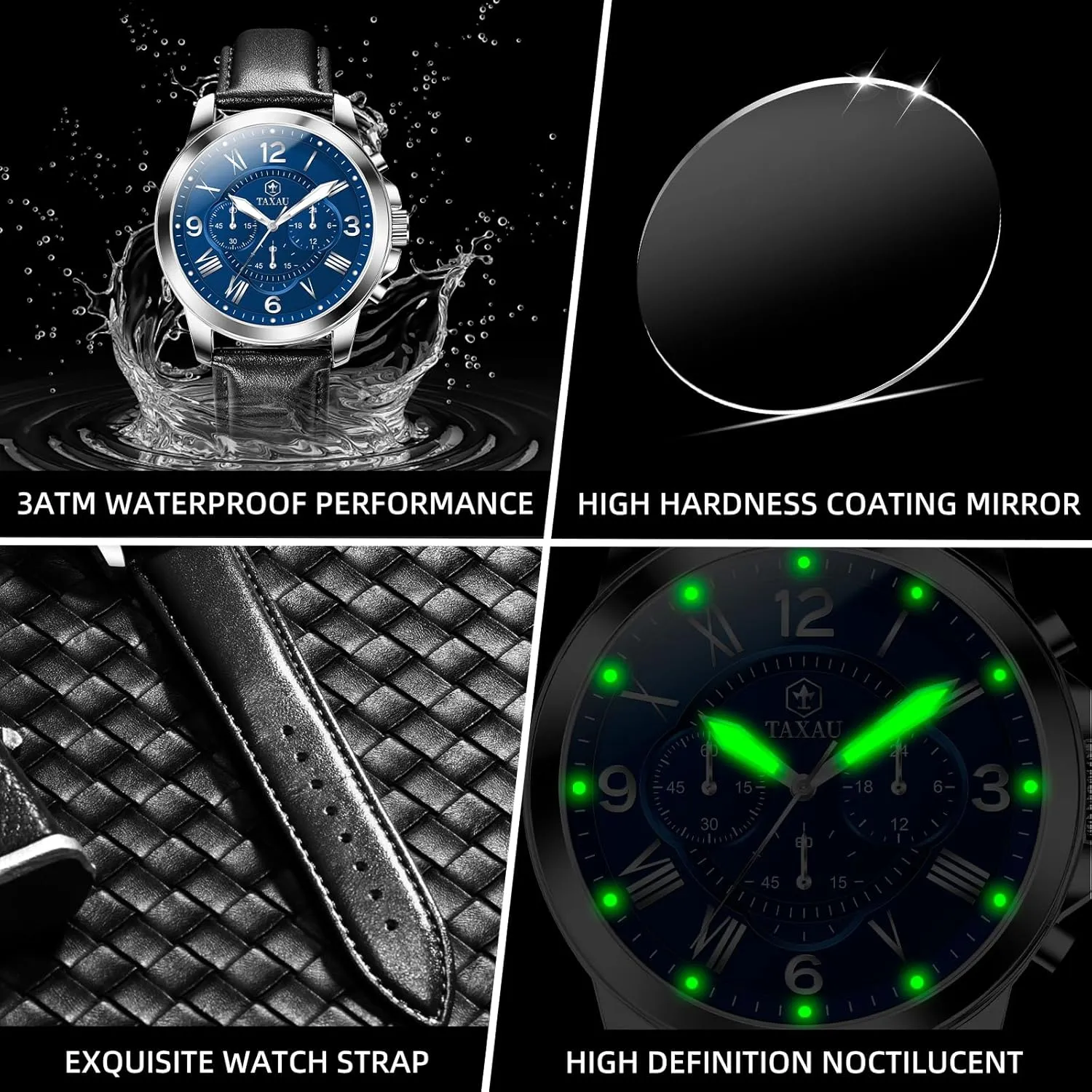 Leather Watches for Men Waterproof Mens Dress Watch with Date Stainless Steel Analog Quartz Luxury Big Face Chronograph Large Number Wrist Watches Classic Luminous Two-Character Numerical Dial