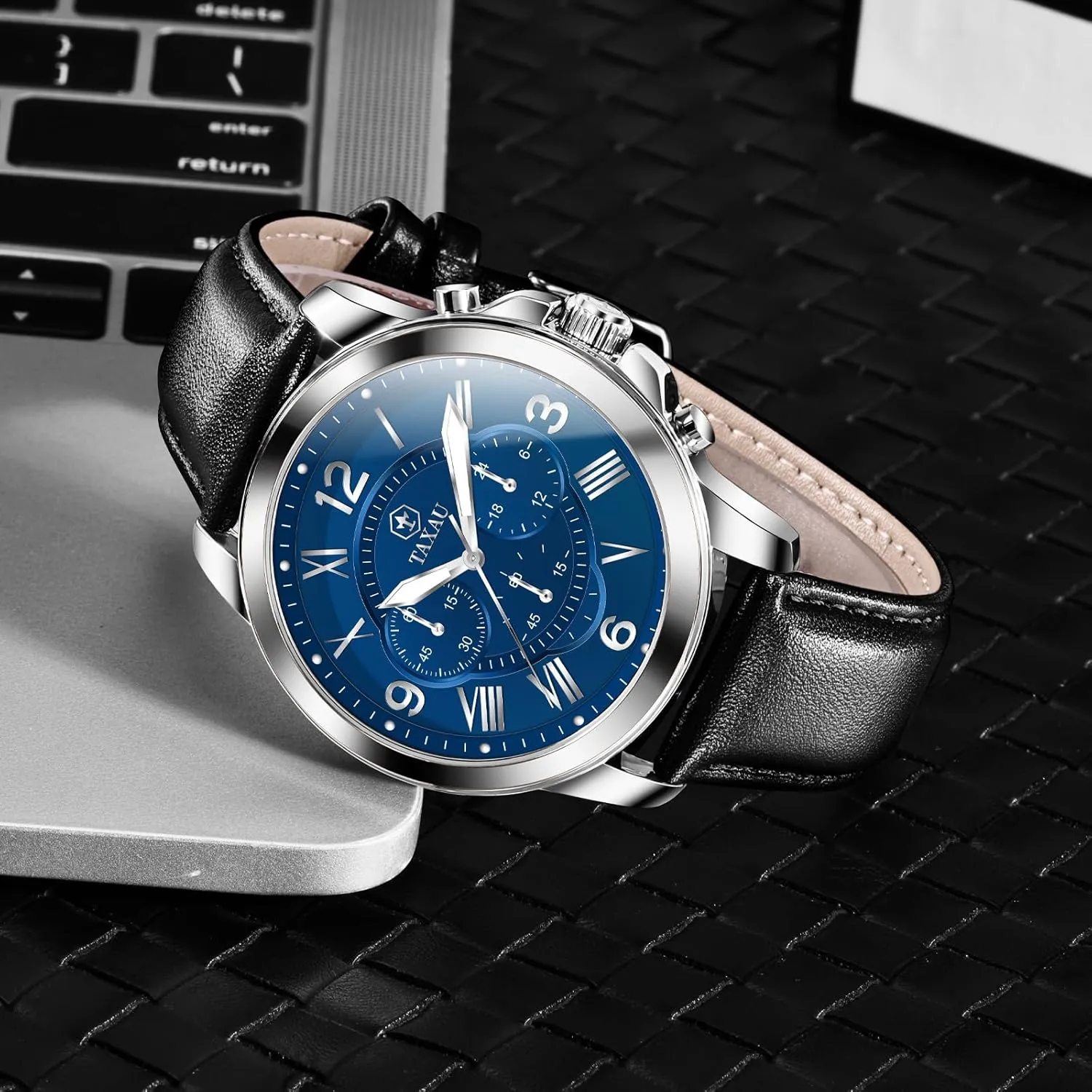 Leather Watches for Men Waterproof Mens Dress Watch with Date Stainless Steel Analog Quartz Luxury Big Face Chronograph Large Number Wrist Watches Classic Luminous Two-Character Numerical Dial