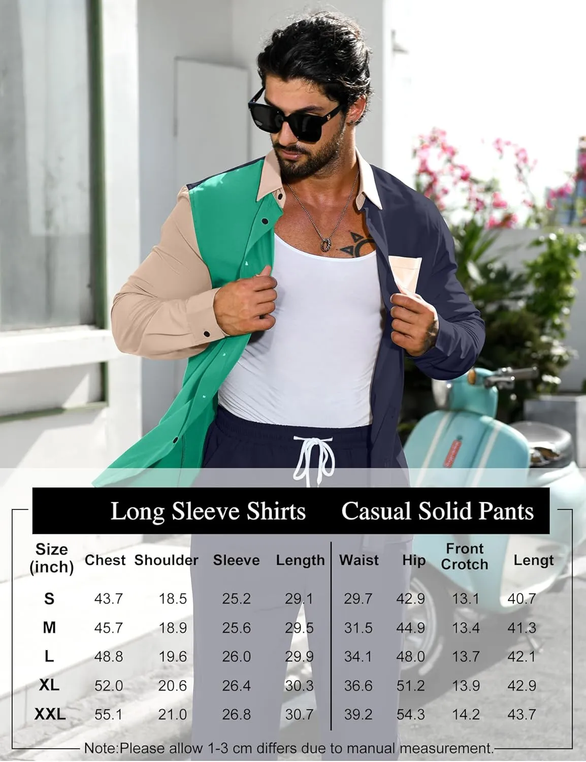 LecGee Mens 2 Piece Color Block Outfits Casual Long Sleeve Color Block Shirts and Pants Matching Set Sweatsuit
