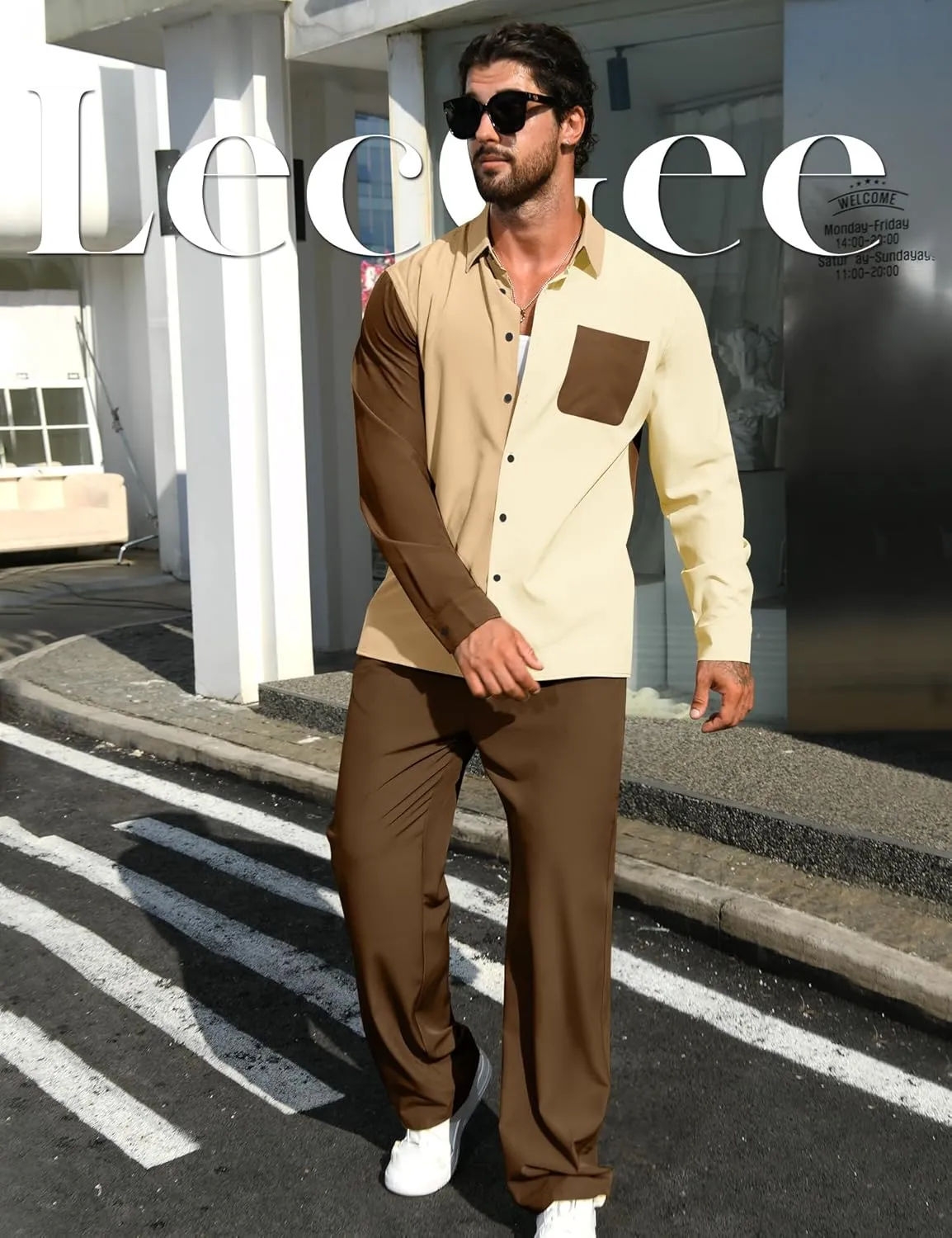 LecGee Mens 2 Piece Color Block Outfits Casual Long Sleeve Color Block Shirts and Pants Matching Set Sweatsuit