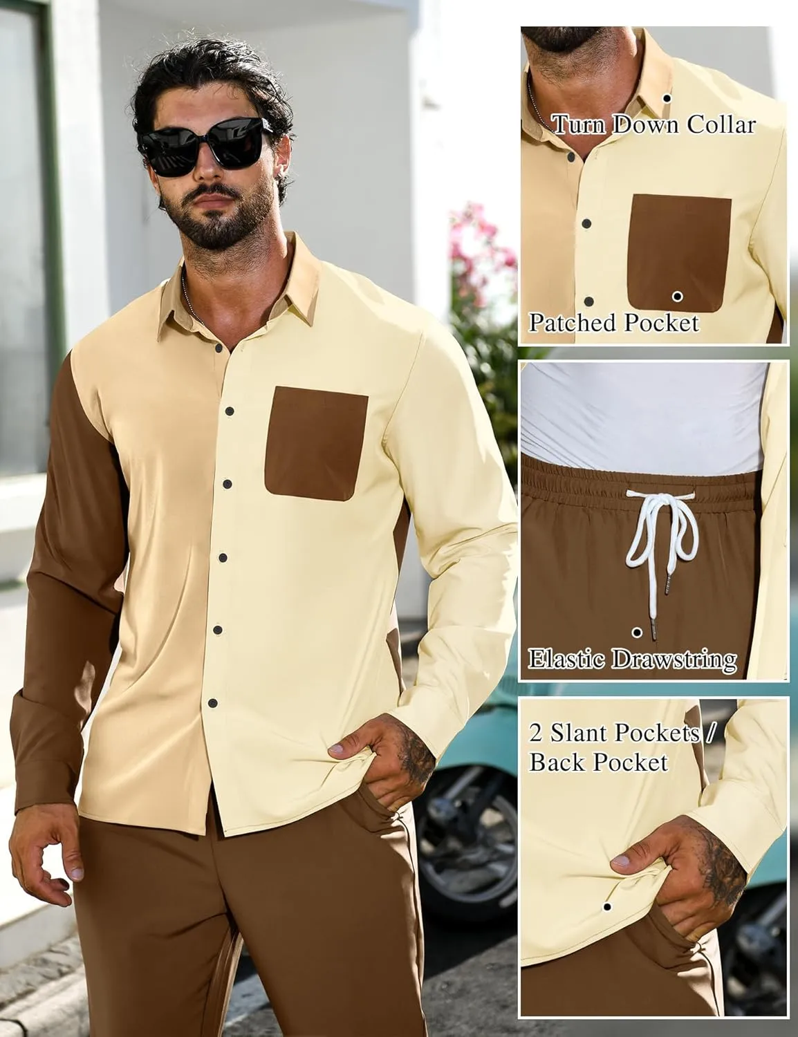 LecGee Mens 2 Piece Color Block Outfits Casual Long Sleeve Color Block Shirts and Pants Matching Set Sweatsuit