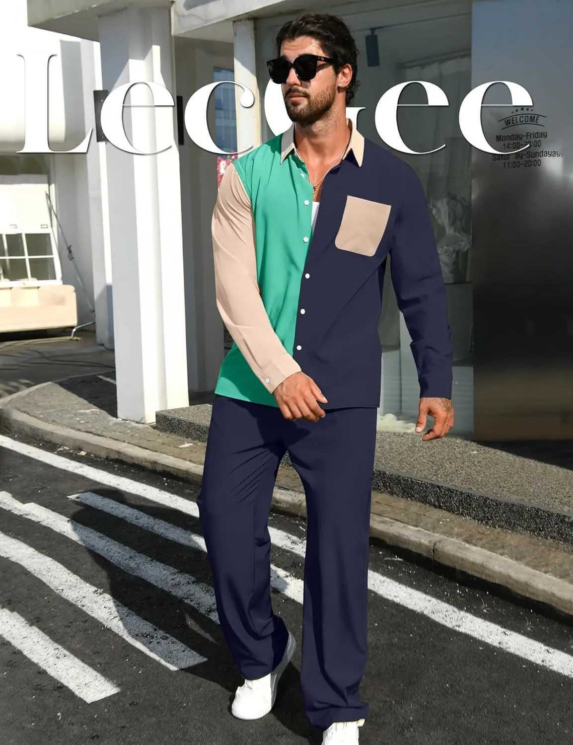 LecGee Mens 2 Piece Color Block Outfits Casual Long Sleeve Color Block Shirts and Pants Matching Set Sweatsuit