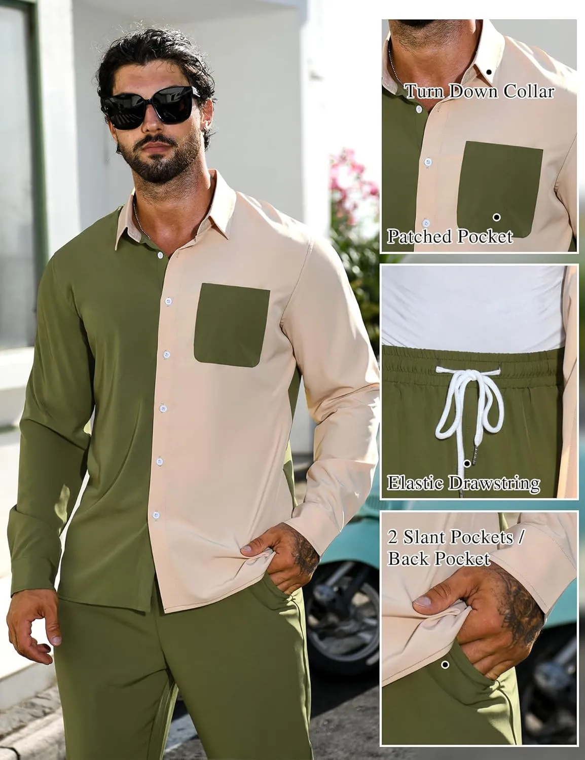 LecGee Mens 2 Piece Color Block Outfits Casual Long Sleeve Color Block Shirts and Pants Matching Set Sweatsuit