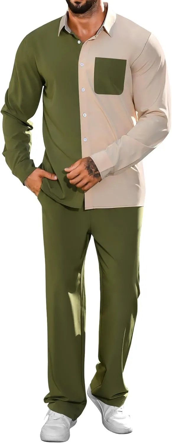 LecGee Mens 2 Piece Color Block Outfits Casual Long Sleeve Color Block Shirts and Pants Matching Set Sweatsuit