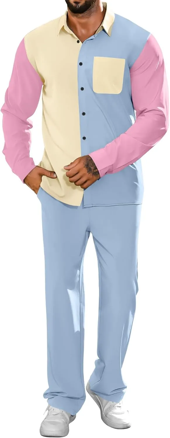 LecGee Mens 2 Piece Color Block Outfits Casual Long Sleeve Color Block Shirts and Pants Matching Set Sweatsuit