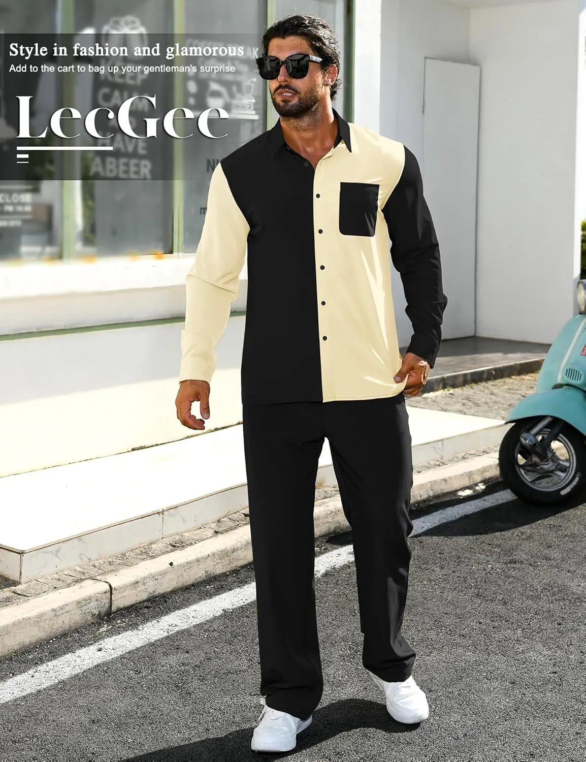LecGee Mens 2 Piece Color Block Outfits Casual Long Sleeve Color Block Shirts and Pants Matching Set Sweatsuit