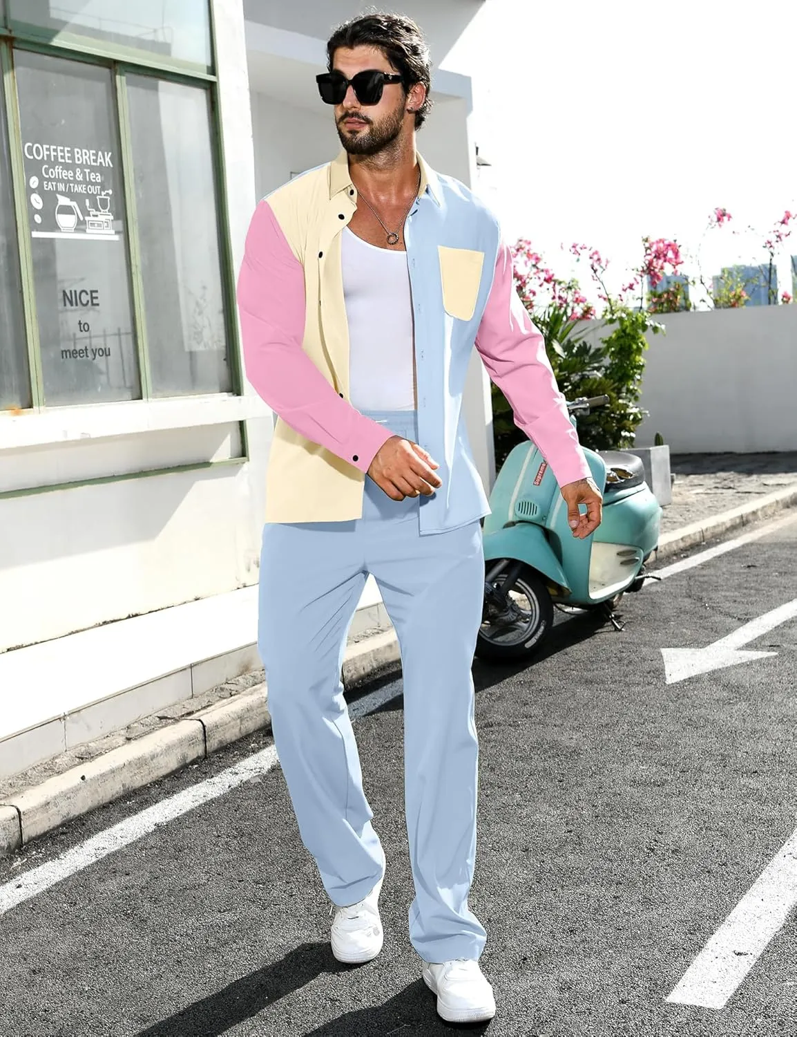 LecGee Mens 2 Piece Color Block Outfits Casual Long Sleeve Color Block Shirts and Pants Matching Set Sweatsuit