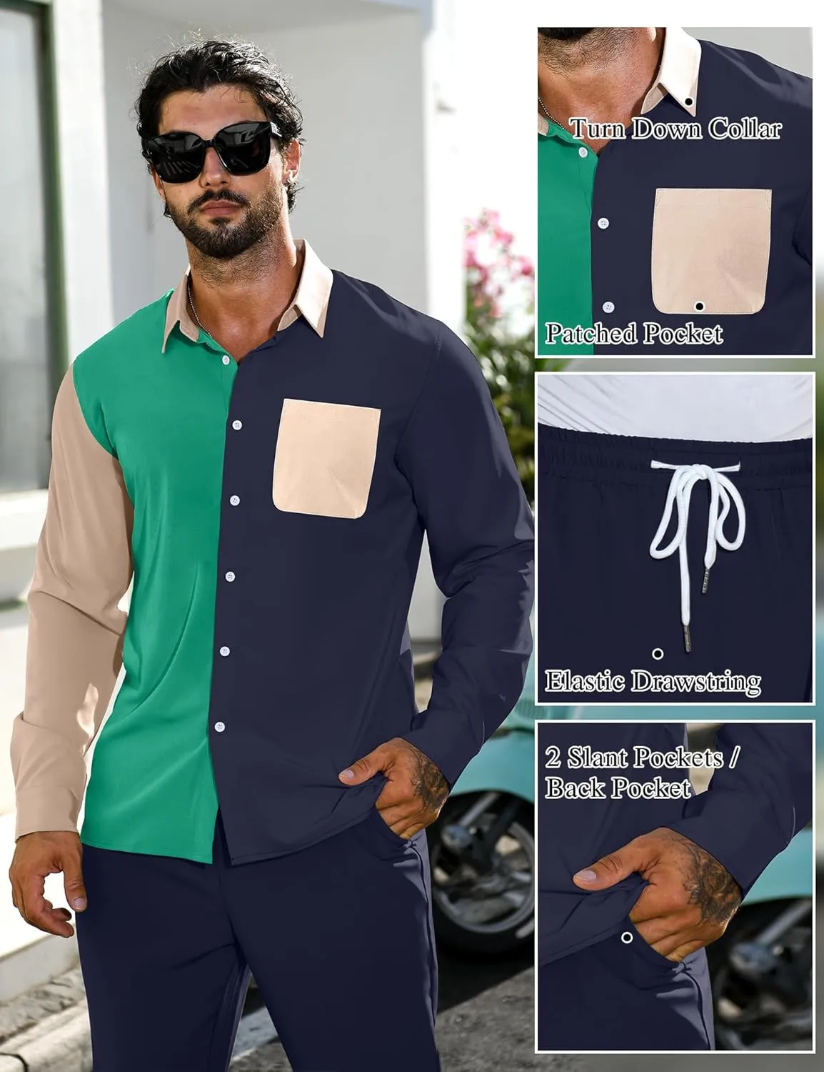 LecGee Mens 2 Piece Color Block Outfits Casual Long Sleeve Color Block Shirts and Pants Matching Set Sweatsuit