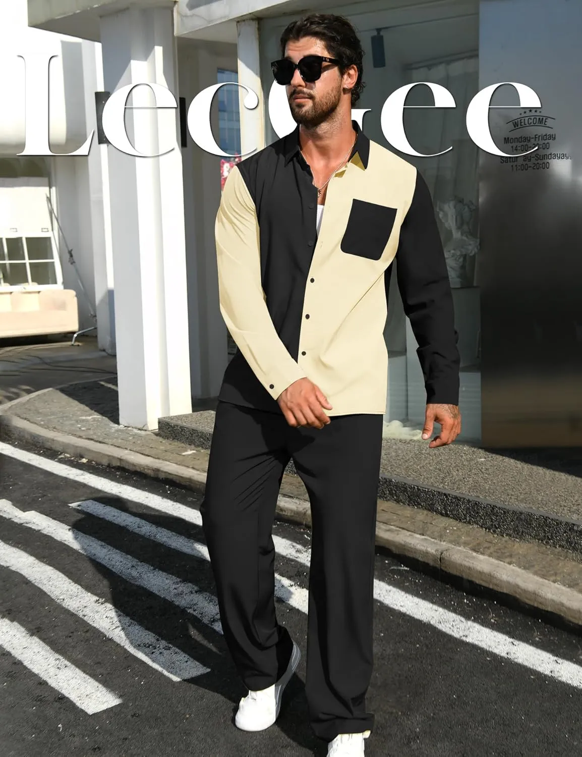 LecGee Mens 2 Piece Color Block Outfits Casual Long Sleeve Color Block Shirts and Pants Matching Set Sweatsuit
