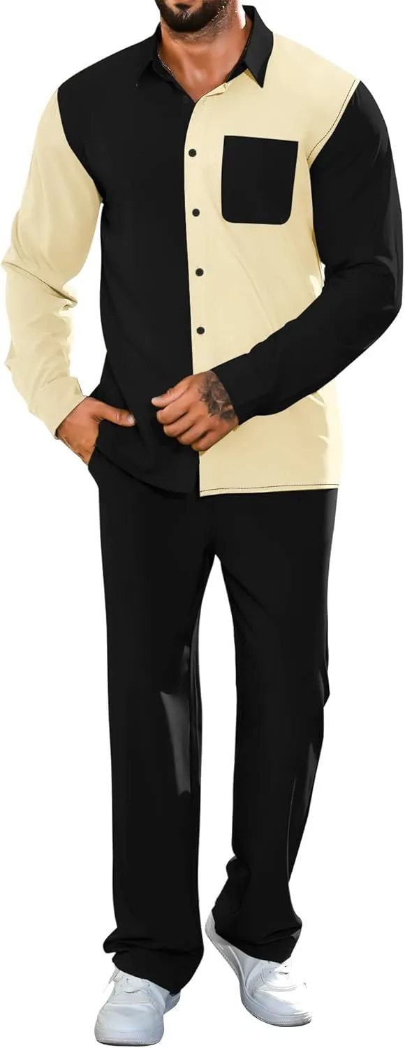 LecGee Mens 2 Piece Color Block Outfits Casual Long Sleeve Color Block Shirts and Pants Matching Set Sweatsuit