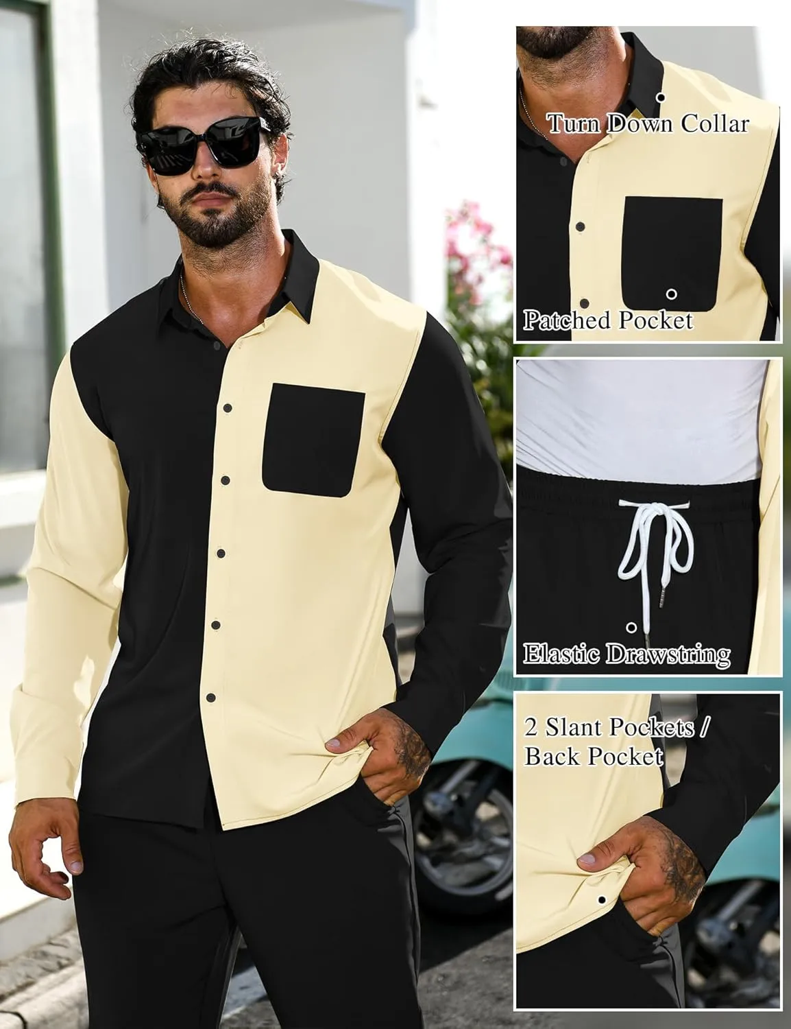 LecGee Mens 2 Piece Color Block Outfits Casual Long Sleeve Color Block Shirts and Pants Matching Set Sweatsuit