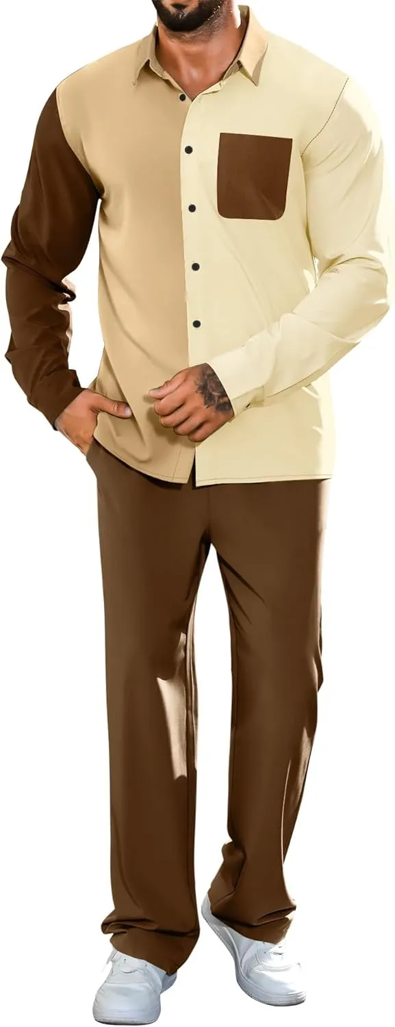 LecGee Mens 2 Piece Color Block Outfits Casual Long Sleeve Color Block Shirts and Pants Matching Set Sweatsuit
