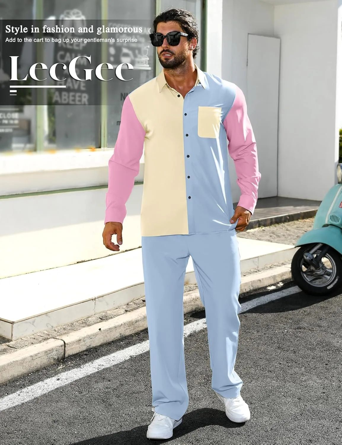LecGee Mens 2 Piece Color Block Outfits Casual Long Sleeve Color Block Shirts and Pants Matching Set Sweatsuit