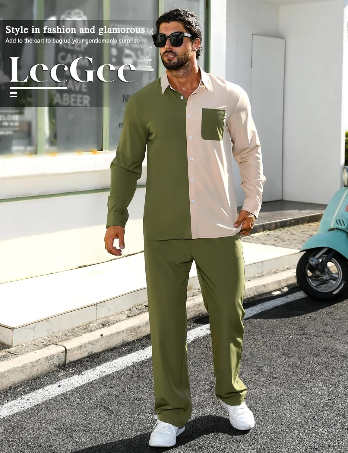 LecGee Mens 2 Piece Color Block Outfits Casual Long Sleeve Color Block Shirts and Pants Matching Set Sweatsuit