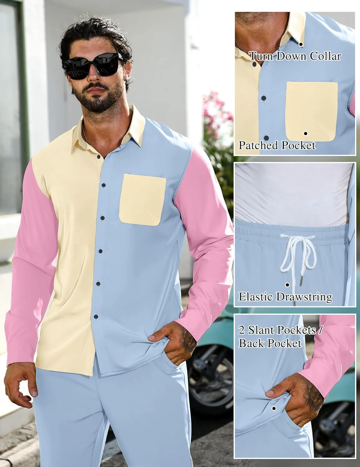 LecGee Mens 2 Piece Color Block Outfits Casual Long Sleeve Color Block Shirts and Pants Matching Set Sweatsuit