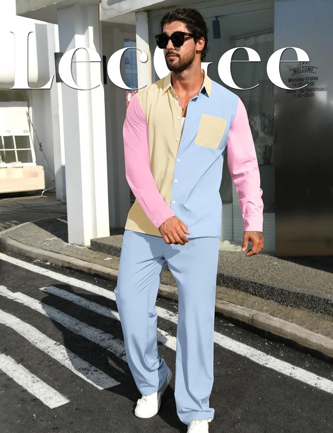 LecGee Mens 2 Piece Color Block Outfits Casual Long Sleeve Color Block Shirts and Pants Matching Set Sweatsuit