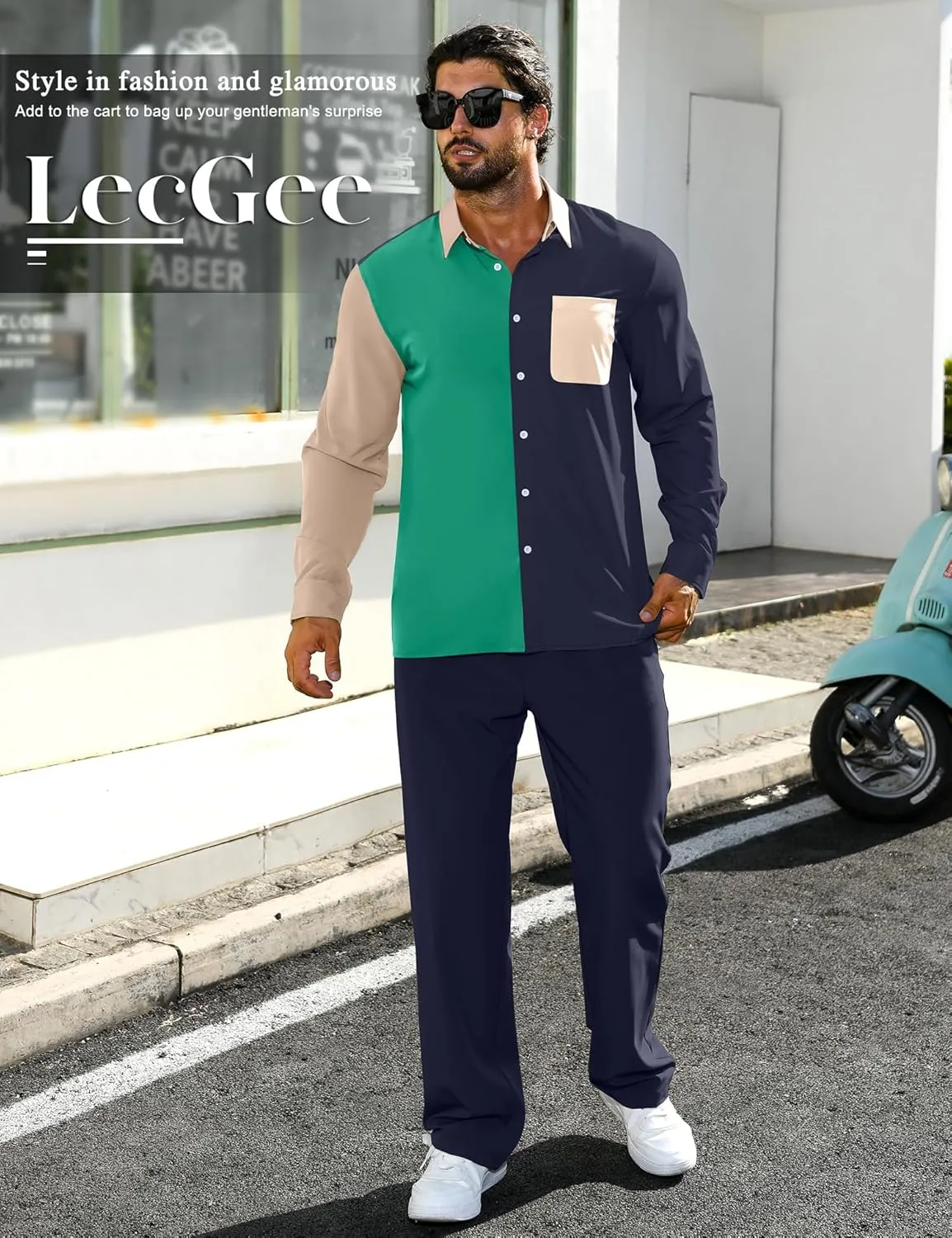 LecGee Mens 2 Piece Color Block Outfits Casual Long Sleeve Color Block Shirts and Pants Matching Set Sweatsuit