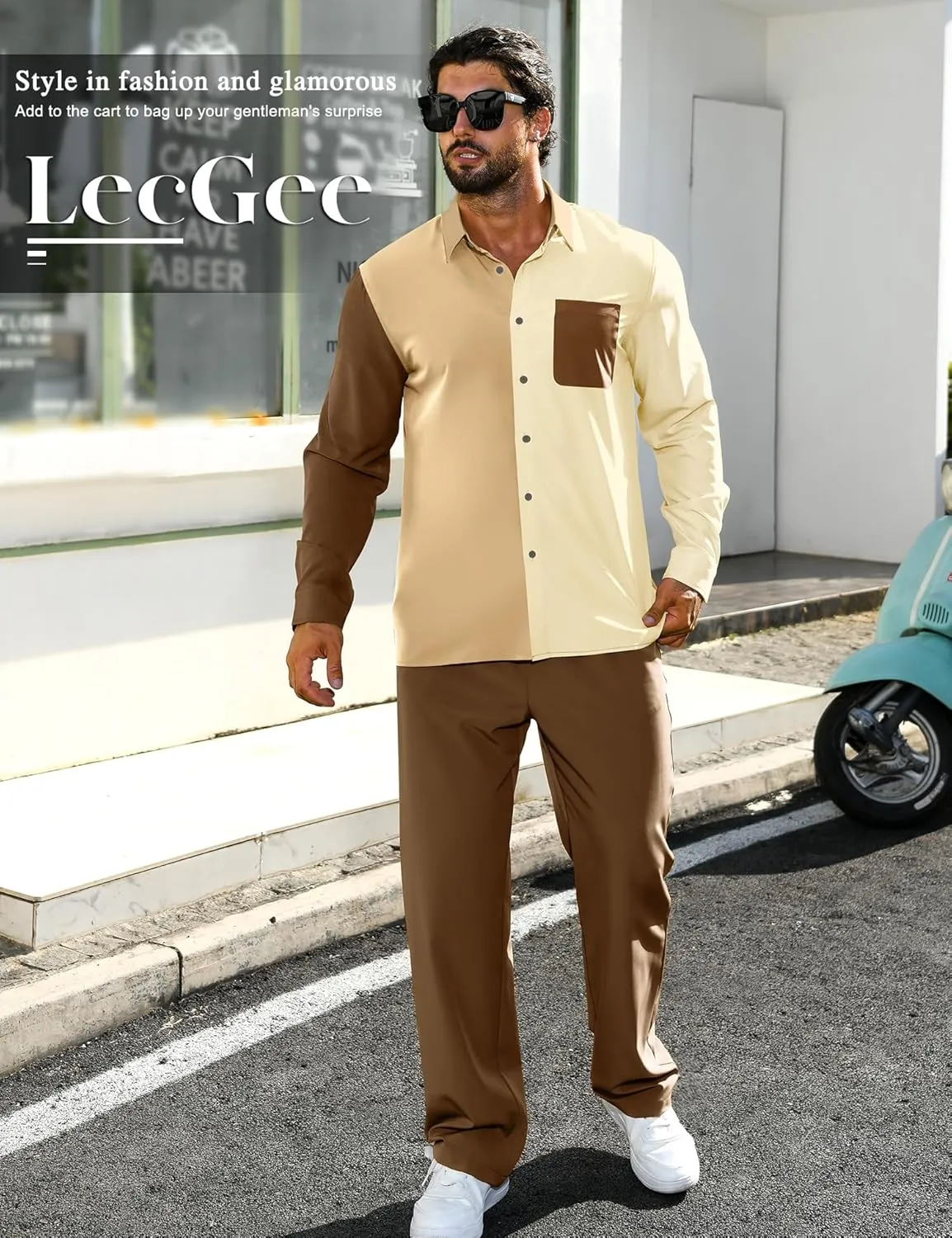 LecGee Mens 2 Piece Color Block Outfits Casual Long Sleeve Color Block Shirts and Pants Matching Set Sweatsuit