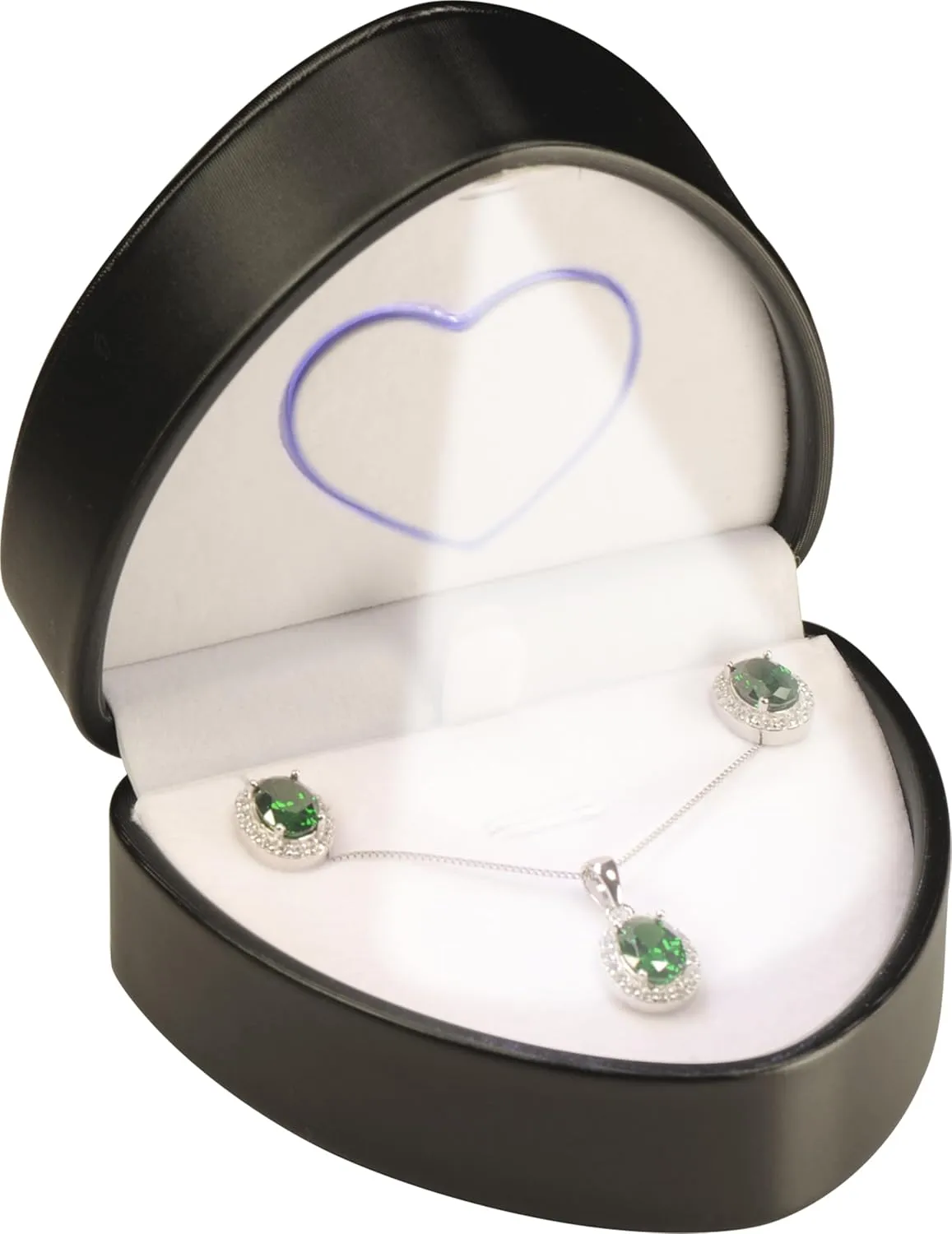 LED Black Heart Necklace & Earrings Box - Unique Designed Heart Shaped PU Leather Pendant Earring Jewelry Gift Holder Box with Light for Men & Women