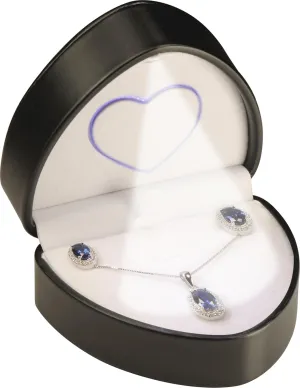 LED Black Heart Necklace & Earrings Box - Unique Designed Heart Shaped PU Leather Pendant Earring Jewelry Gift Holder Box with Light for Men & Women