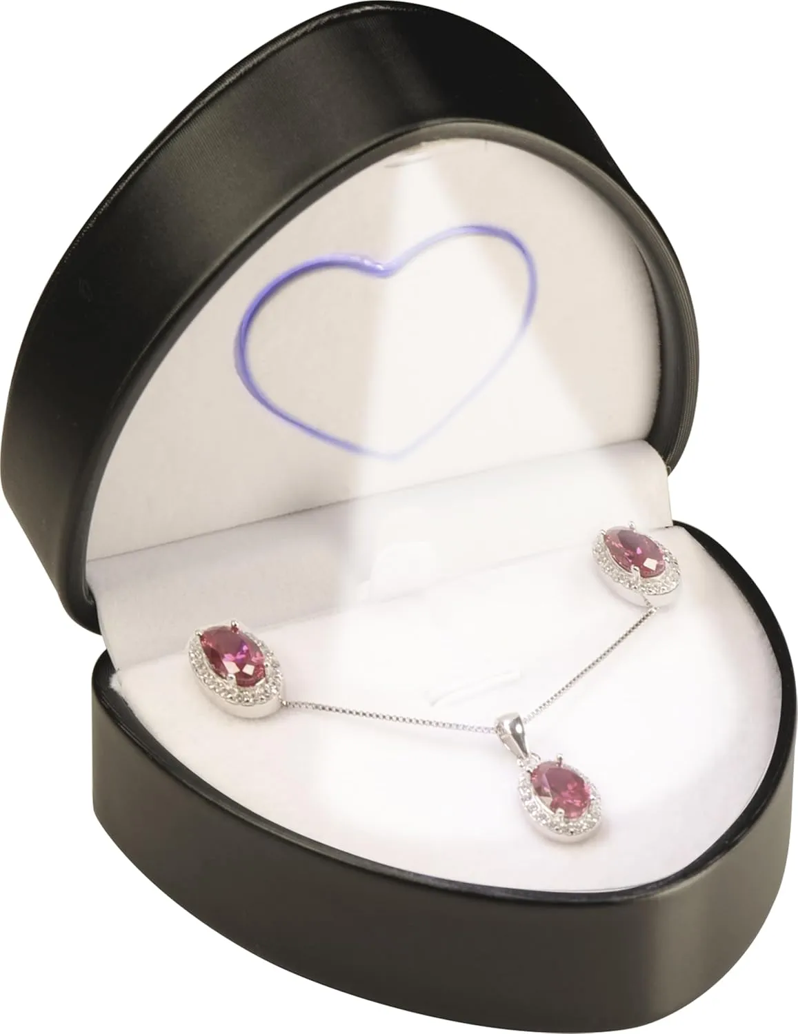 LED Black Heart Necklace & Earrings Box - Unique Designed Heart Shaped PU Leather Pendant Earring Jewelry Gift Holder Box with Light for Men & Women