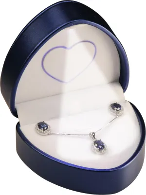 LED Necklace Earrings Box for Engagement, WeddingUnique Designed Heart to Heart Idea PU Leather Heart Shaped Necklace Pendant Earring Jewelry Gift Holder Box with Light for Men for Women (Blue)