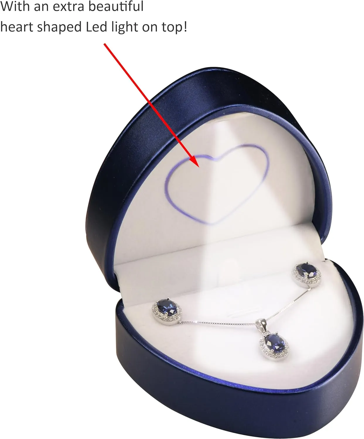 LED Necklace Earrings Box for Engagement, WeddingUnique Designed Heart to Heart Idea PU Leather Heart Shaped Necklace Pendant Earring Jewelry Gift Holder Box with Light for Men for Women (Blue)